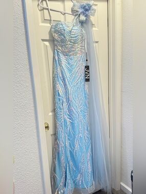 New in tag: Jovani JVN Ice Blue One-Shoulder Sequin Gown with Draped Shoulder